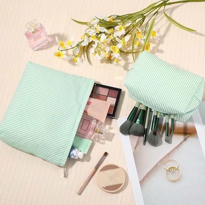 2 Pcs Makeup Bag Set Cute Cosmetic Pouch for Women Seersucker Travel Toiletry Bag Preppy Small Makeup Purse Pouch Aesthetic Skincare Brushes Storage Organizer for Valentine Women(Green)