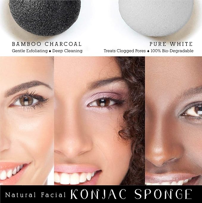 Pursonic Natural Konjac Bamboo Charcoal Facial Sponge for Gentle Face Cleansing and Exfoliation, Helps with Clogged Pores 100% Bio-Degradable,Vegan Products, 2- Pack