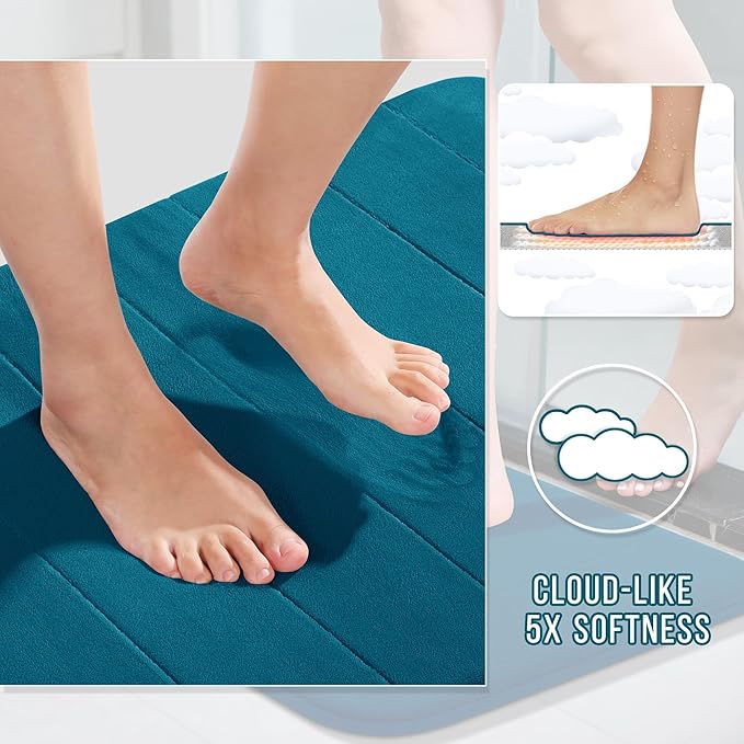 Yimobra Memory Foam Bath Mat Set 2 Piece - Super Soft Absorbent Quick Dry Bathroom Toilet Rugs, Machine Washable Non Slip Floor Carpet for Tub Shower & Single Sink (31.5x20 & 24x20, Peacock Blue)
