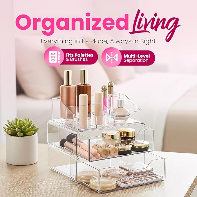 Masirs Clear Makeup Organizer - Acrylic Cosmetic Vanity Storage Organizers for Girls Dresser, Bathroom, Desk Counter - Plastic Make Up Holder, Jewelry Box (2-Drawer | Multi Compartments)