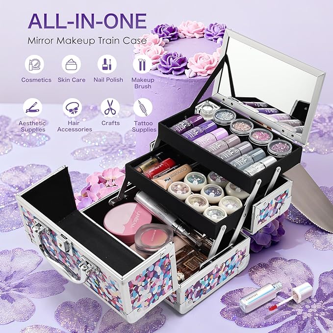 FRENESSA Makeup Train Case Makeup Box Organizer Portable Cosmetic Travel Case Makeup Case with Mirror Locking Make Up Cases Organizers and Storage for Nail Supplies Hard Cosmetic Box Purple