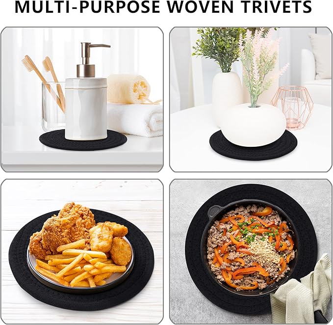 Coga Trivets for Dishes, Pots and Pans, 7 Inch Hot Pads 5 Pcs with Storage Basket for Countertops, Pot Holders for Kitchen, Cotton Table Protector Hot Mats Heat Resistant (Black)