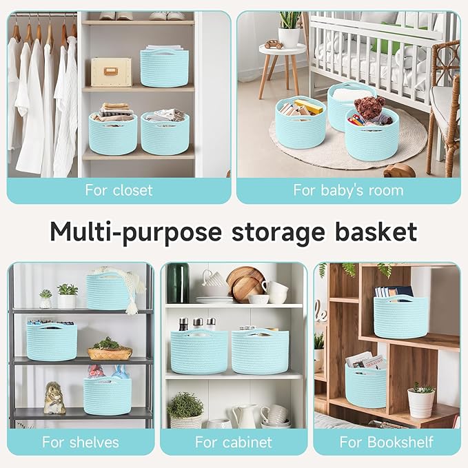 Small Rope Baskets for Storage, Baskets for Gifts Empty, Cute Round Woven Basket, Decorative Shelf Baskets 9.82×9.82×7.1", Cotton Toy Basket Storage Bins for Organizer 3 Packs