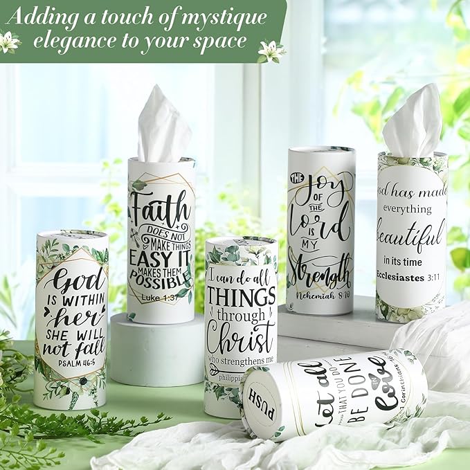 Outus 12 Pcs Greenery Christian Car Tissues Cylinder Holder with 3 Ply Facial Tissue Bulk Eucalyptus Leaves Religious Tissue Holder Travel Tissues Boxes Container for Home Wedding Party Supplies