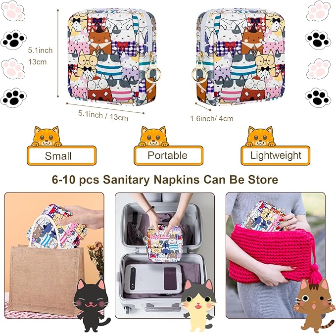 Tampon Holder for Purse, Canvas Period Bag Sanitary Napkin Storage Bag for Girls Womens, Portable Feminine Emergency Pad Period Pouch(Colorful Kittens)