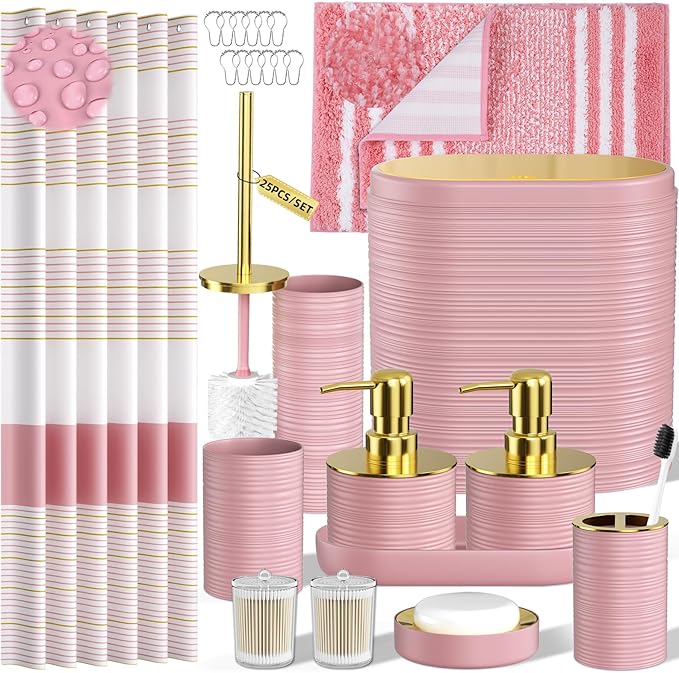 Bathroom Set - Bathroom Sets with Shower Curtain and Rugs, 25PC Bathroom Accessory Set, Pink Bathroom Accessories Set with Trash Can, Soap Dispensers