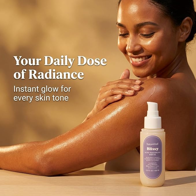 NATURE WELL Illuminating Shimmer Body Oil, Lightweight, Fast-Absorbing Formula, Designed Deeply Hydrate & Condition the Skin, Scented with Vanilla, White Flowers, Violet, & Sandalwood, 3.4 Oz