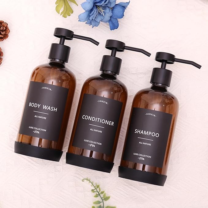 Shampoo and Conditioner Dispenser Set of 3,Refillable 21oz Shampoo Bottles with Non-Slip Protective Silicone Pad,Shower Soap Dispenser with Waterproof Labels for Bathroom (Amber)