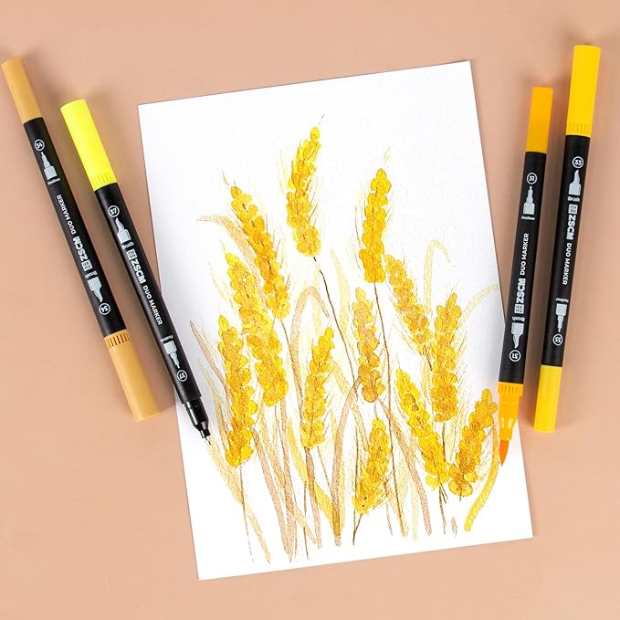 Yellow Duo Tip Marker Pens, 12 Pack Fine & Brush Markers for Adult Coloring Books No Bleeding, Sunshine Yellow Markers for Summer Themes, Sunflower Art, Energetic Accents and Happy Doodles