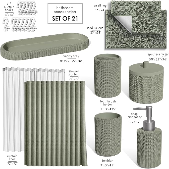 Clara Clark Sage Green Bathroom Set - Bathroom Sets with Shower Curtain and Rugs, 21PC Bathroom Accessory Set, Shower Curtain Set with Soap Dispenser & Toothbrush Holder
