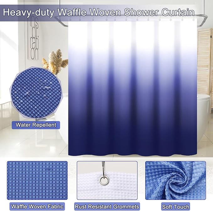 30PCS Navy Blue Bathroom Accessories Set with Waffle Shower Curtain,Trash Can,3PCS Lotion Soap Dispenser, Toothbrush Holder, Soap Dish,Tumbler Cup,6PCS Wood Tags Bath Accessories with Tray