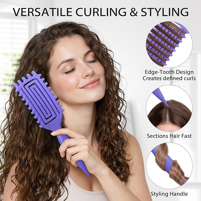 Curl Defining Brush, Curly Hair Brush with Vented Design for Detangling and Shaping, Wet & Dry Use, Reduces Pulling for Women and Men (Purple)