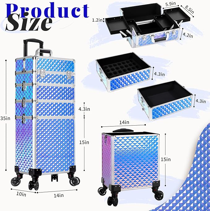 AROUS Rolling Makeup Train Case 4 in 1 Cosmetology Case on Wheels Large Storage Cosmetic Trolley with Key Salon Barber Case Traveling Cart Trunk, Colorful