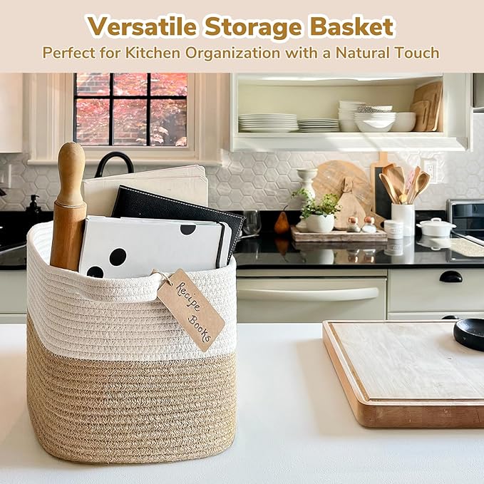 Goodpick Woven Storage Basket for Shelves, Medium Empty Gift Basket with Handles, Square Wicker Dog Toy Baskets, White and Jute Storage Bin, 13 x 10 x 9 Inches