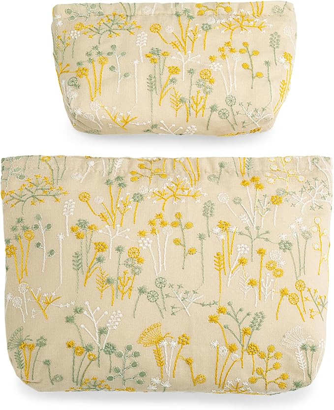 2 Pcs Makeup Bags, Large Cosmetic Bag Travel Toiletry Bag Organizer for Women, Embroidery Craft, Floral Makeup Bag Small Cosmetic Pouch Purse with Zipper Gifts for Girls Teen