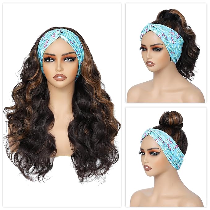 xccoco Long Wavy Headband Wig for Women Black Wigs with Brown Blonde Highlight 200% Denisty Headband Wigs Put On and Go Glueless Wig Long Synthetic Wig for Women Party Daliy Use