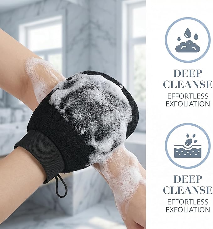 Exfoliating Gloves & Back Scrubber Strap Set - Dual-Sided Textured Mitts for Deep Body Exfoliation, Hard to Reach Back Cleaning, Spa-Quality Dead Skin Removal with Long Handle & Nylon Viscose Material