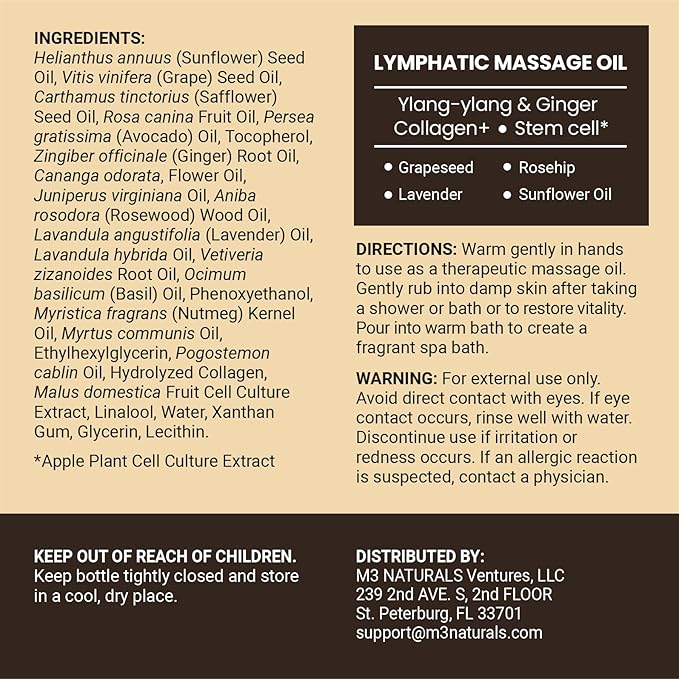 Lymphatic Drainage Massage Oil + Anti Cellulite Roller Kit - Ylang Ylang + Ginger Oil with Collagen & Stem Cells + Contouring Roller for Smooth, Firm-Looking Skin by M3