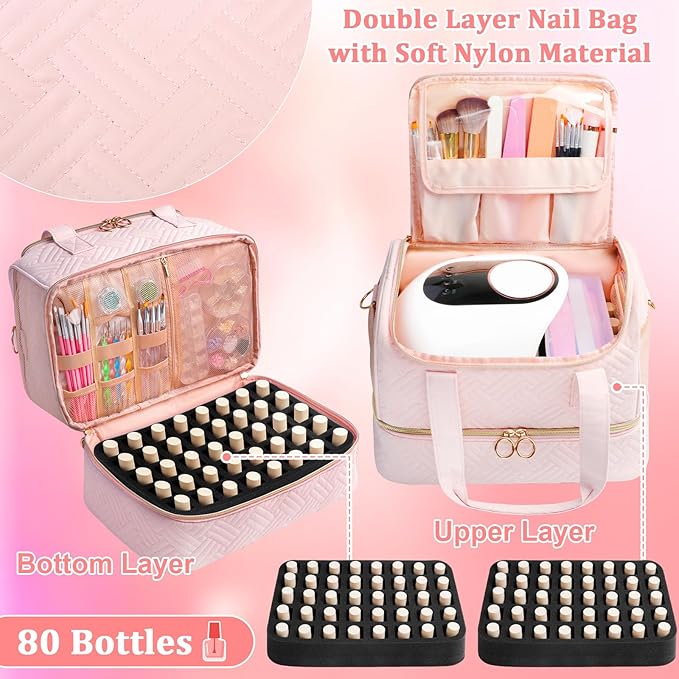 Nail Polish Organizer Bag Holds 80 Bottles (15ml/0.5fl.oz)& Nail Lamp, Soft Velvet Nail Kit Storage Carrying Case with Shoulder Strap, Double Layer Nail Supplies Organizer Handbag Women (Pink)