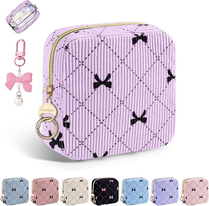 Period Bag for Teen Girls, Corduroy Cute Sanitary Napkin Storage Bag, Menstrual Pad Pouches Tampon Holder for Purse (Purple-Bow Tie)