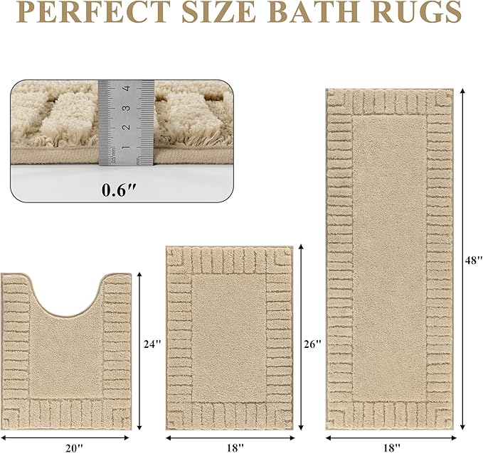 Pauwer Bathroom Rugs Sets 3 Piece Bathroom Shower Rugs with U-Shaped Contour Toilet Mat Absorbent Microfiber Plush Bath Mats Non Slip Bath Rug Machine Washable Shaggy Bath Mat Set, Beige