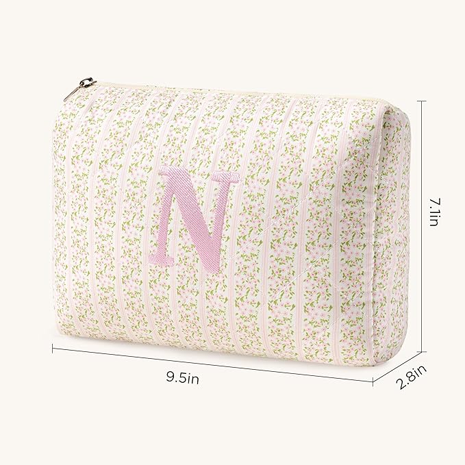 HBselect Initial Quilted Makeup Bag, Pink Cosmetic Travel Toiletry Bag, Flowers Coquette Zipper Make Up Pouch Organizer Teen Girl Gift Trendy Stuff N