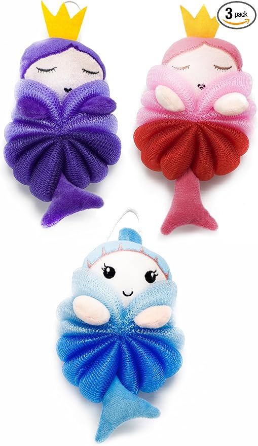 MURRI&MURRDI 3 Pack Kids Bath Sponges,Soft Animal Shower Poufs, Gentle Exfoliating Body Scrubber for Toddlers, Cute Cartoon Mesh Loofah Gift Set for Boys & Girls