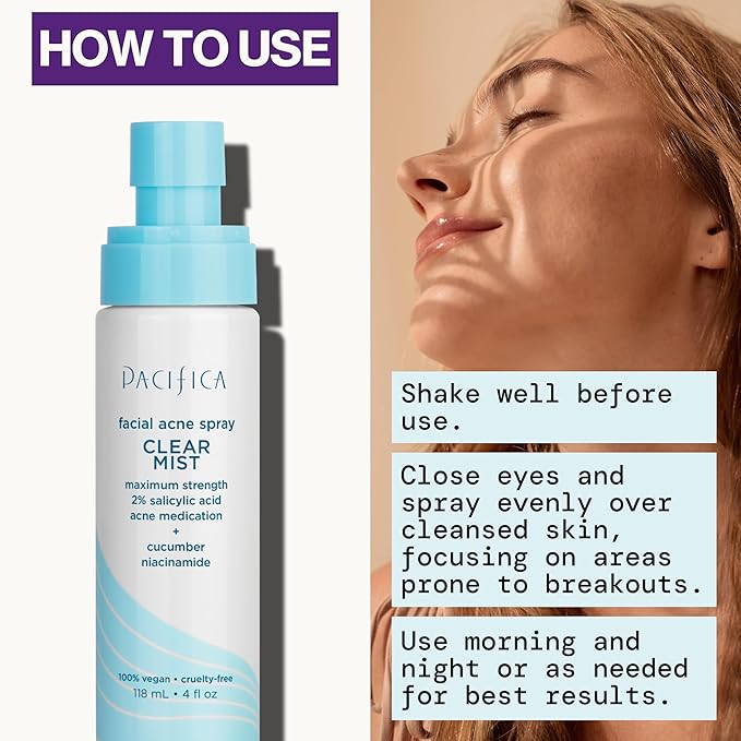 Pacifica Facial Spray for Acne Treatment - Clear Face Mist Acne Spray w/ 2% Salicylic Acid Niacinamide & Aloe - Acne Cleanser - Targets Bacteria for Teens & Adults Vegan Clean Dermatologist Tested