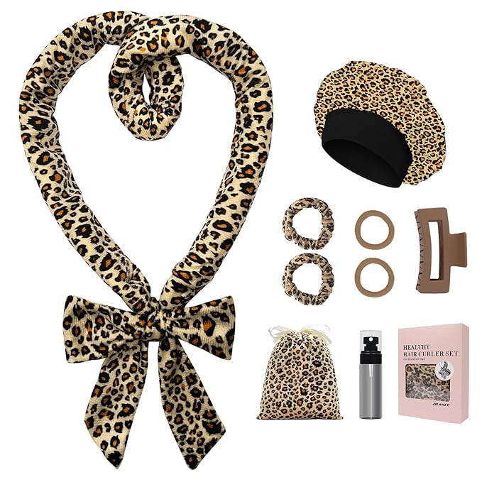 ZILAMPU No Heat Hair Curlers to Sleep In - 70" Soft Overnight Headband Wrap for Women Long Wave Curls, 9 PCS Rollers Gifts Set - Leopard Print