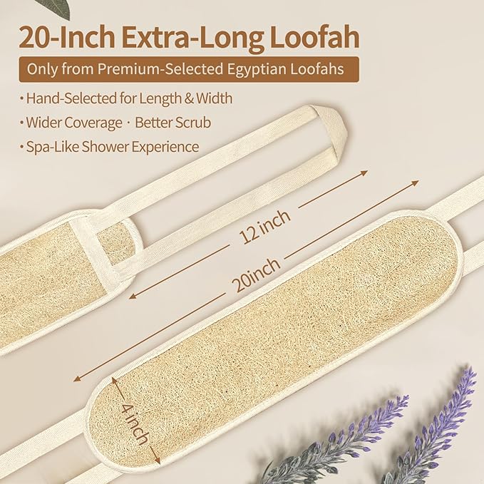Natural Egyptian Loofah Back Scrubber for Shower,Extra Rough,Deep Exfoliating,Rich Foam,Quick Drying Dual-Handle Strap Exfoliator for Men and Women