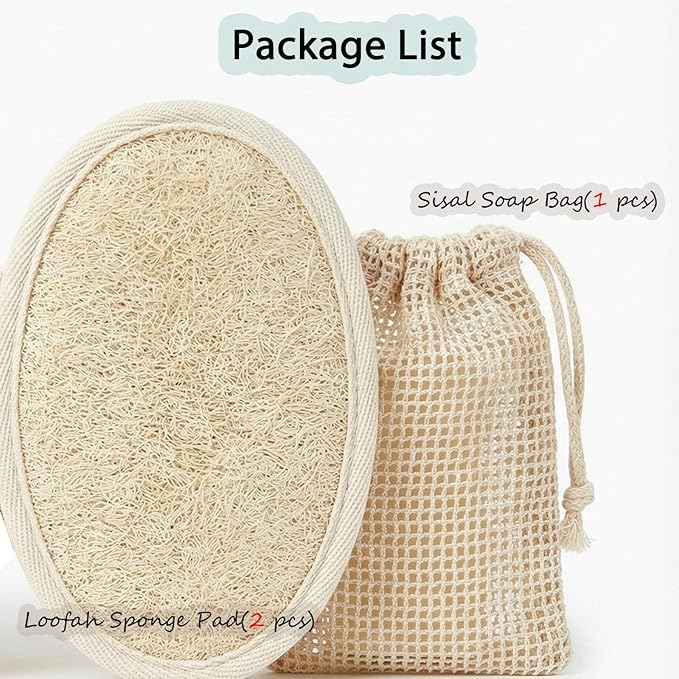 Natural Loofah Sponge Set with Soap Bag, Body Exfoliating Loofah Bath Scrubber for Shower, Shower Loofah for Women and Men, 3-pcs