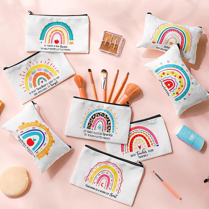 Yahenda 16 Pcs Canvas Makeup Bags Bulk for Women Inspirational Cosmetic Zipper Pencil Pouch Travel Toiletry Bag for Birthday Mother's Day Nurse Gifts(Teacher)
