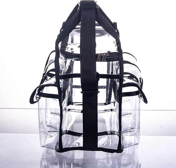 Wide Open Large Professional Clear PVC Travel Makeup Artist Set Bag Cosmetic Nails Beauty Bags Transparent Vinyl Tool Organizer Beach Bags Diaper Bag with 6 External Pockets & Strap (Black)