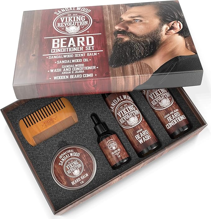 Viking Revolution Ultimate Conditioner for Men's Beard Grooming - Softens, Smoothes and Soothes Beard Itch- Contains Wash, Conditioner, Oil, Balm and Comb- Sandalwood Scent