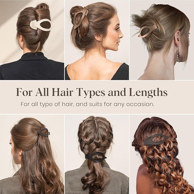 4 PCS Large Flat Hair Clips for Women Girls, French Concord Lay Down Flat Claw Clips for Thick Thin Hair, Comfortable Curved Flat Hair Clip, Matte Non-slip Strong Hold Hair Accessories, Brown