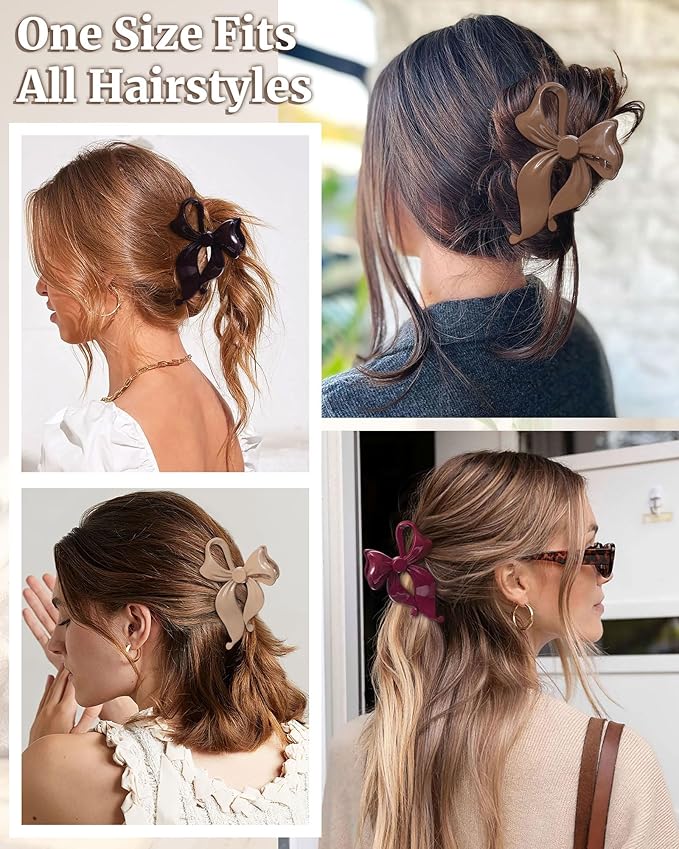 Mesovor 4 pack Cute Bow Claw Clip for Women, Nonslip Large Matte Strong Hold Bows Hair Clips for Thin and Thick Hair | Chic Hair Styling Accessories (Glossy Cherry, Brown)
