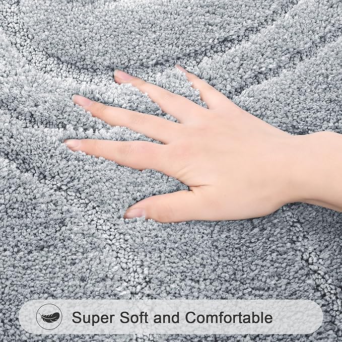 HEBE Bathroom Rugs Sets 5 Piece, Soft Absorbent Microfiber Bath Mat for Bathroom, Non Slip Washable Bath Rug Set with Toilet Cover, Bath Runner and U-Shaped Contour Toilet Rug, Light Grey