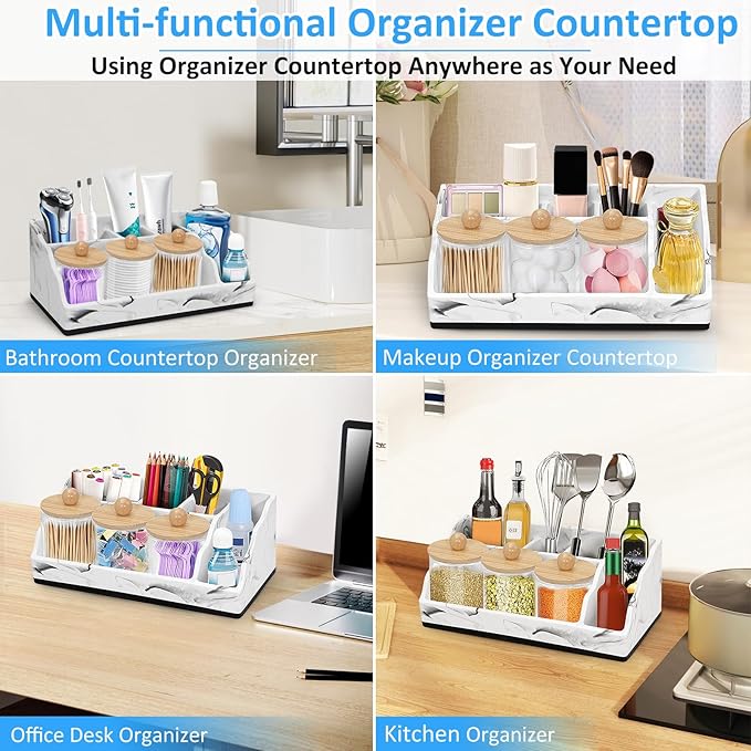 Marble Toothbrush Holder for Bathroom Organizer Countertop, Toothbrush Organizer with 3PCS Qtip Holder Dispenser, Toothbrush and Toothpaste Holder for Bathroom Counter Organization Storage Vanity