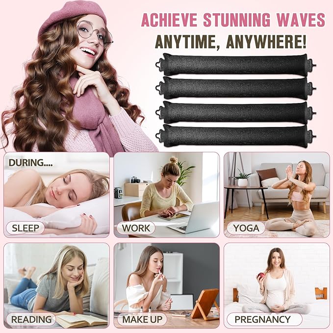 Heatless Curls Overnight, 4 Pcs No Heat Curling Blowout Rod, Satin Blowout Look Heatless Hair Rollers, Soft Flexi Rods for Big Curls to Sleep In