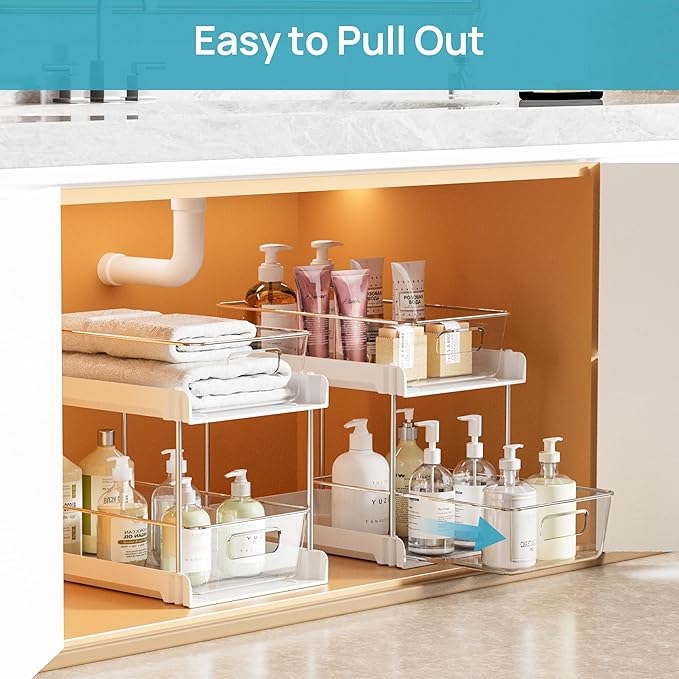 Vtopmart 4 Pack Bathroom Organizer, 2 Tier White Under Sink Organizers Vanity Countertop Storage Container,Cabinet Drawers Bins, Pull-Out Organization with Track for Pantry, Kitchen