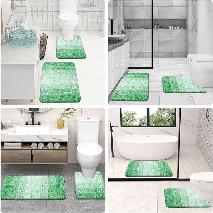 OLANLY Bathroom Rugs Sets 3 Piece, Soft Absorbent Microfiber Bath Mats and U-Shaped Contour Toilet Rug, Plush Shaggy Bath Mat Set for Bathroom (47"x20"+24"x16"+24"x20", Green)