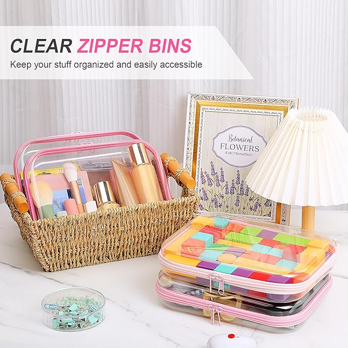 Hoolerry 4 Pcs Hard Clear Zipper Case Makeup Bags Plastic Zipper Pouch Transparent Storage Box Containers for Cosmetics, Snacks, Building Blocks, Puzzles(Clear,9.8 x 7.9 x 2 in,Pink)