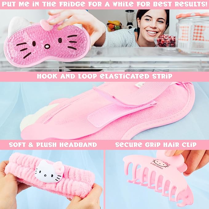 Hello Kitty Sanrio Beauty Set for Women, Teens with Cooling Gel Eye Mask, Plush Skincare Headband, Claw Clip, Eye Pads, Kawaii Gifts for Women (Pink Hello Kitty)