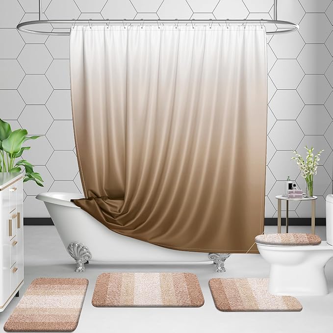 OLANLY Bathroom Rugs Sets 3 Piece, Soft Absorbent Microfiber Bath Mats and U-Shaped Contour Toilet Rug, Plush Shaggy Bath Mat Set for Bathroom (36"x24"+24"x16"+24"x20", Beige)