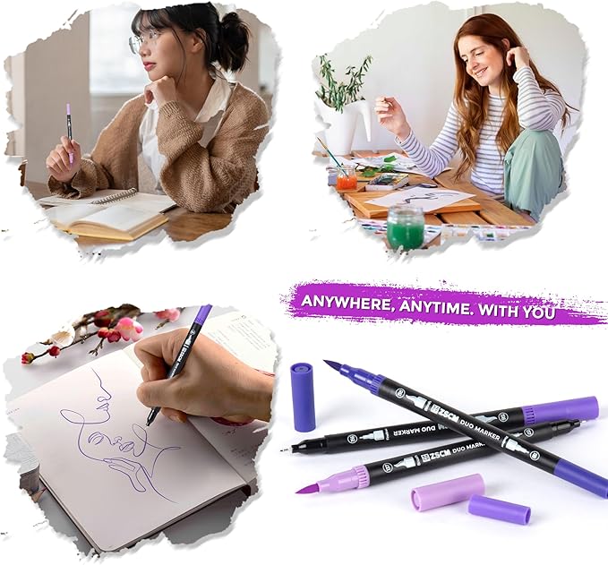 Purple Duo Tip Marker Pens, 12 Pack Fine & Brush Markers for Adult Coloring Books No Bleeding, Royal Purple Markers for Fantasy Art, Mystical Patterns, Creative Shadows and Luxury Themes