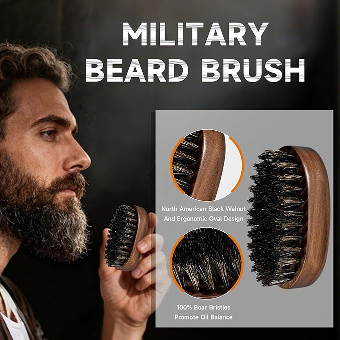 BFWood Mens Beard Brush Comb Kit, Small Travel Beard Set - Natural Boar Bristles With Black Walnut Wood, Grooming Sandalwood Mustache Comb, Mustache Trimming Sissors With Storage Bag