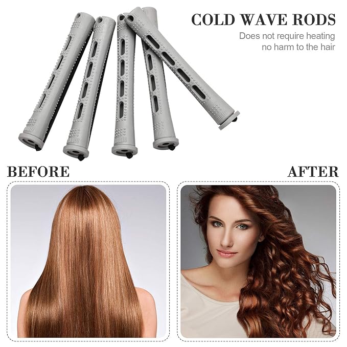 Chuangdi 24 Pcs Hair Perm Rods Plastic Cold Wave Perming Curlers Hair Rollers with Steel Pintail Comb Rat Tail Comb Tools for Hairdressing Styling(Grey,0.59 Inches)