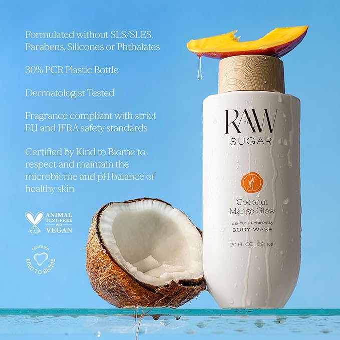 RAW SUGAR Coconut Mango Glow Gentle & Hydrating Body Wash, 20 Fl Oz (Pack of 1) Moisturizing & Brightening Bath & Shower Gel, Vegan, Formulated without SLS/SLES & Parabens