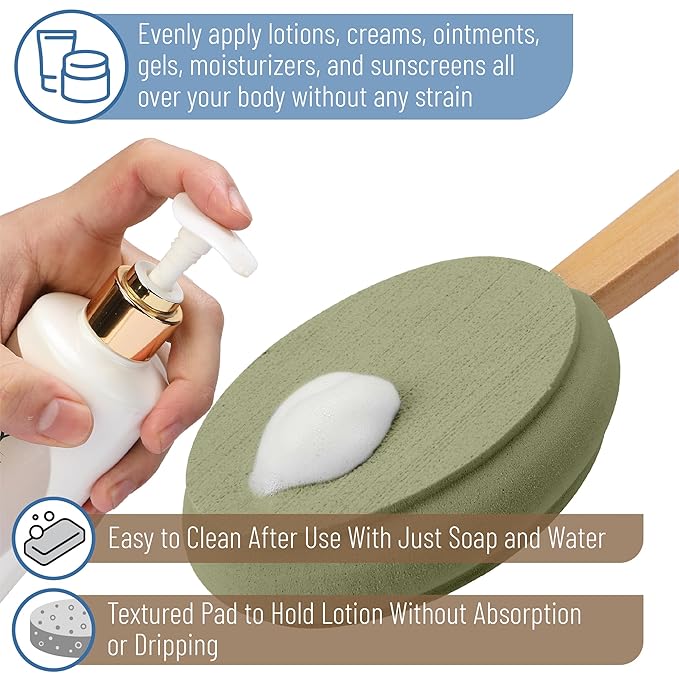 Slick- Lotion Applicator, 17 Inch, Olive Green, Back Applicator Lotion, Certified Organic, Easy Reach Washable, Self Tanner for All Skin Tone