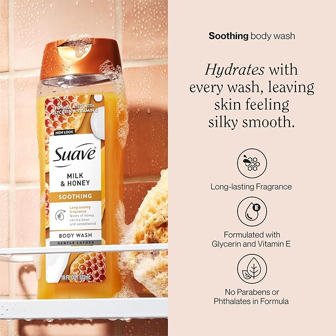 Suave Moisturizing Body Wash, with Milk & Honey and Vitamin E Extract, No Parabens, No Phtahaltes, 18 Oz Pack of 6